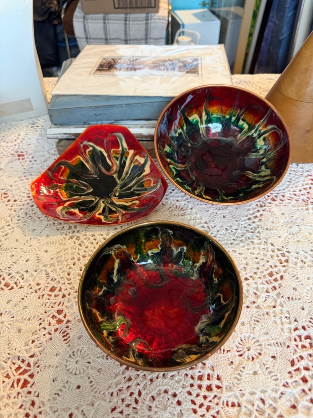 Mid Century Enamel On Hammered Copper Set Of Three